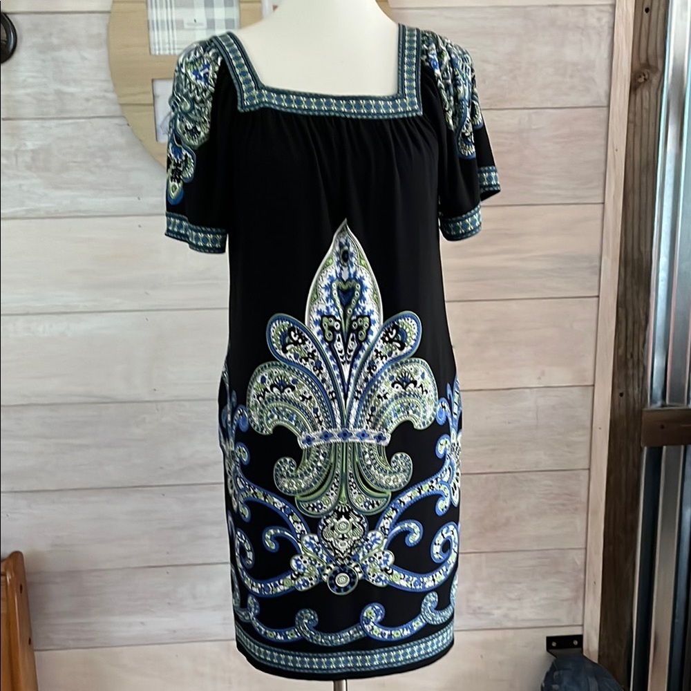 London Times Black Dress with Blue and Green Pattern 8